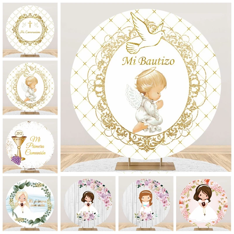 My Baptism Round Backdrop Cover My First Communion Boy Girl Angel Baby Shower Christening Party Decor Circle Background Covers