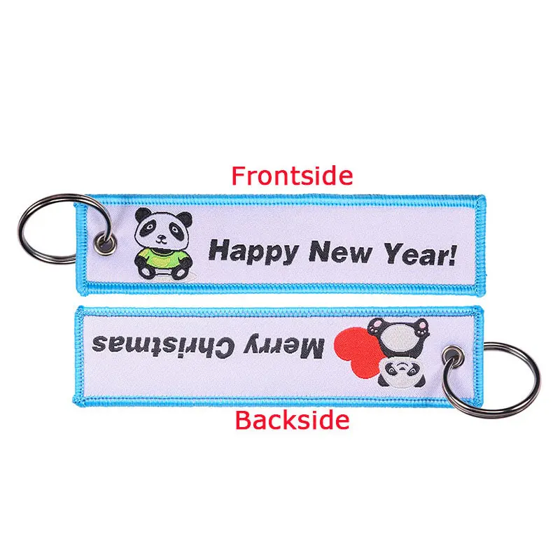 

50Pcs Panda Woven Label Keychain Memorial Keychain Rectangle Keyring Embroidery Pendant Tags Happy New Year Keychain