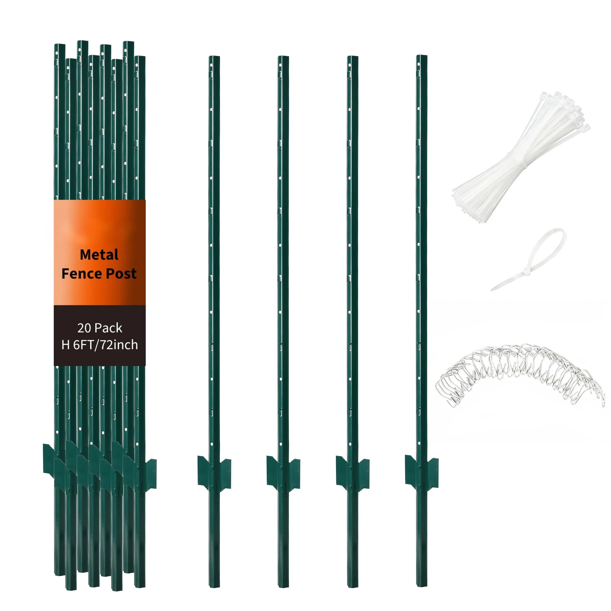 20 Pack 6FT No Dig Heavy Duty Metal U Fence Posts, Rustproof Steel Stakes With Ties & Clips For Garden Farm Wire Fence Yard