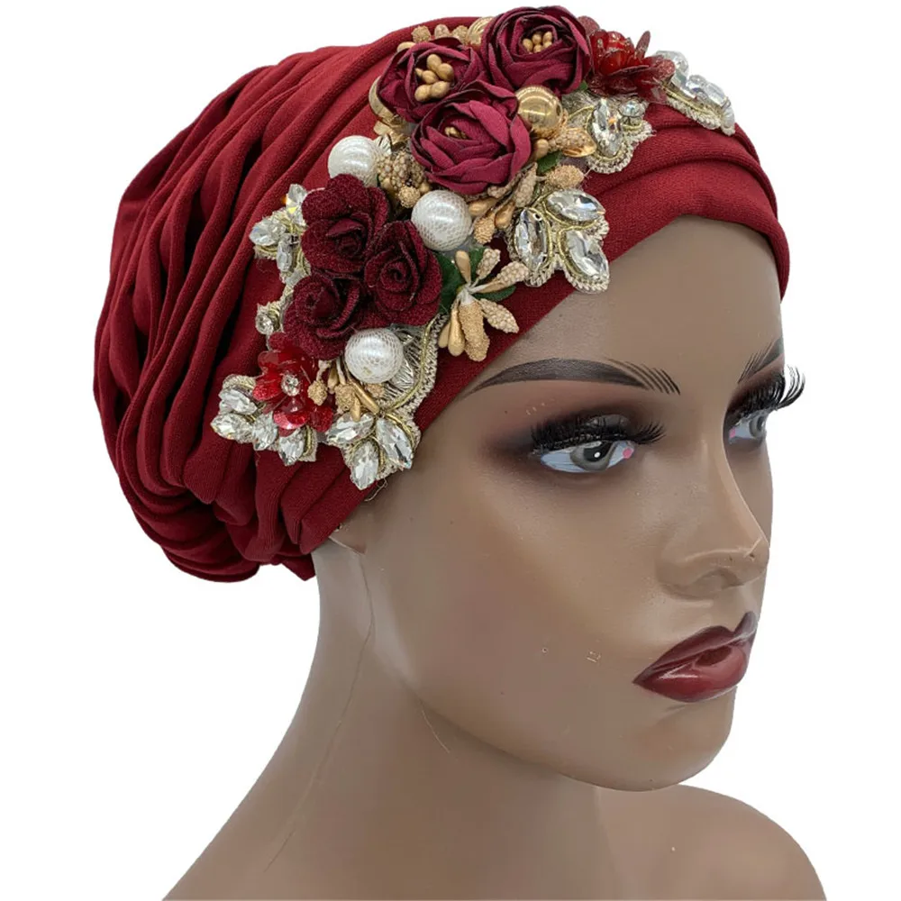 Pleated Turban Cap with Diamonds flower