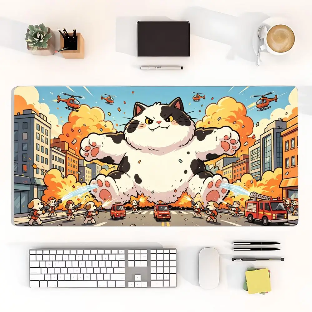 Giant cat monster destroy city artwork mousepad large size laptop games office desktop keyboard accessories