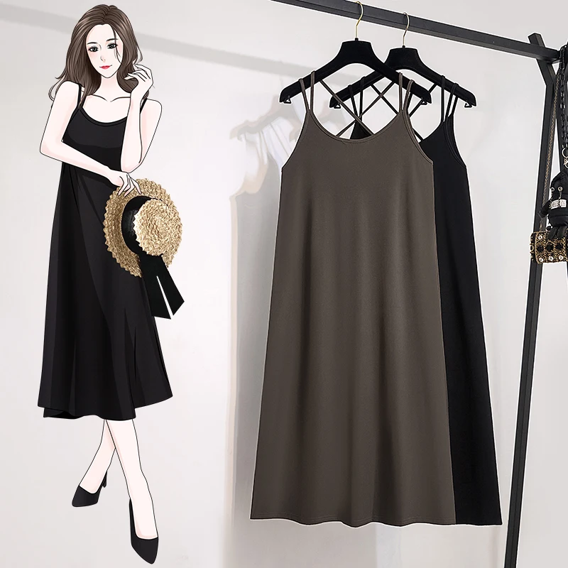 Women Sling Long Dresses Summer Female O Neck Sleeveless Large Size Elegant A Line Loose Cotton Polyester Black Coffee Vestidos