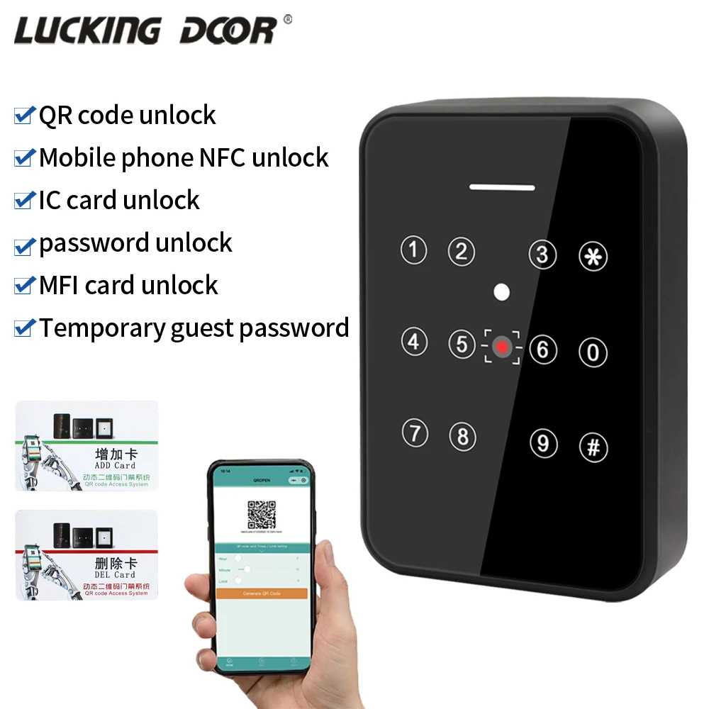 

13.56Mhz RFID NFC Card Barcode Qr Code Reader TTL RS485 Wiegand 26 34 Output Access Control Reader 20000 User Mobile APP Lock