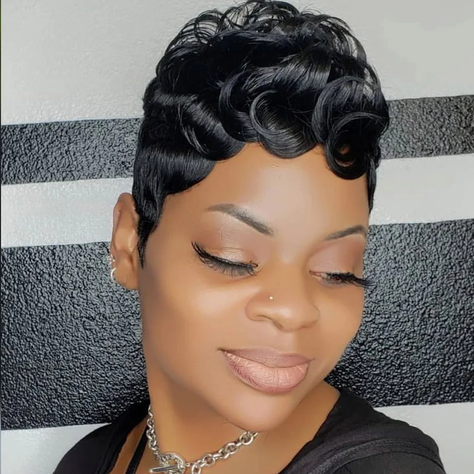

Women's 6inch Loose Curly Short Pixie Wig 180% Density Brazilian Remy Human Hair Basic Style Rose Cap Daily Wear