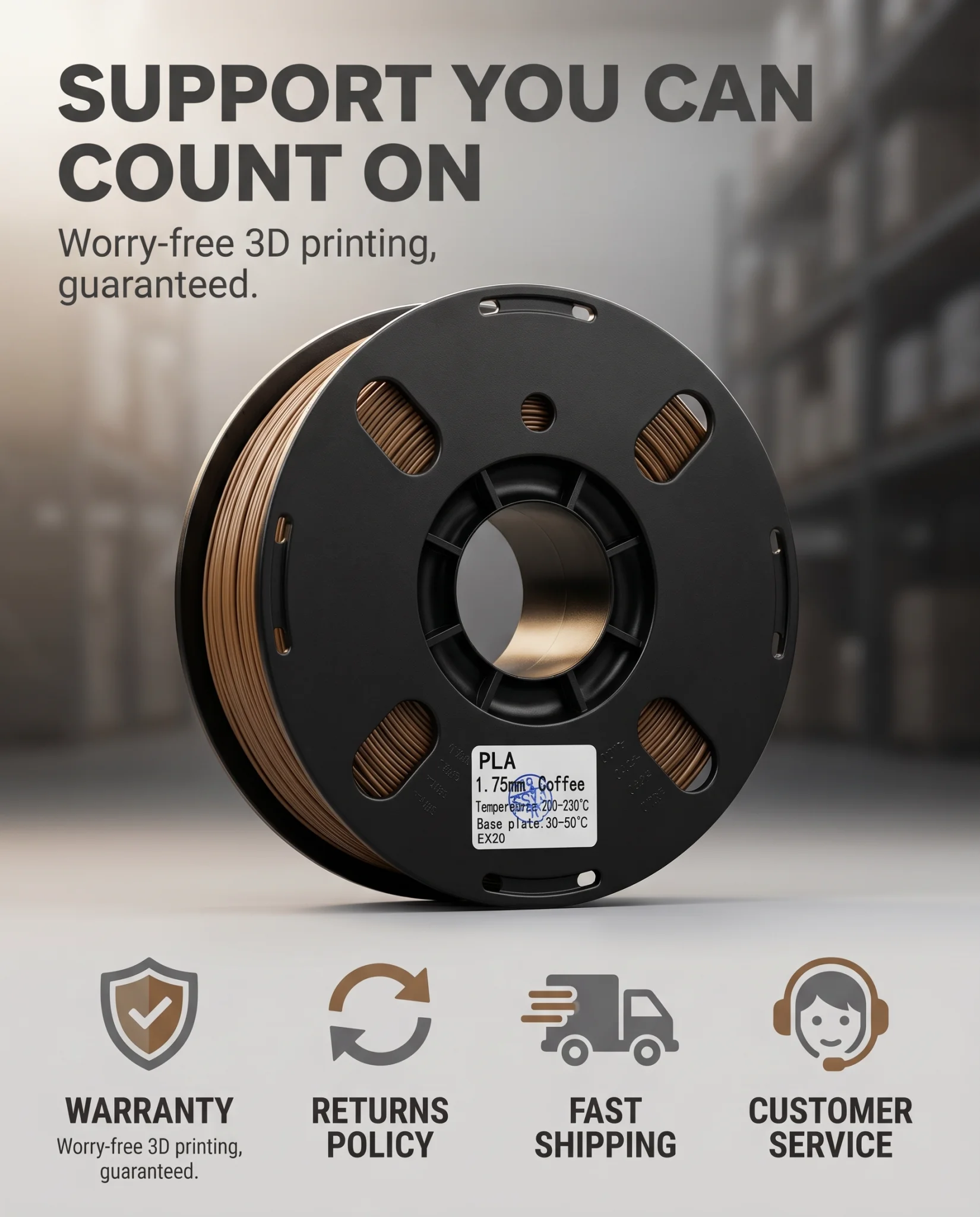 Premium PLA+3D Printer Filament 1.75mm, Coffee Brown–High Toughness, Low Warping, Dimensional Accuracy +/- 0.02mm, 1kg Spool