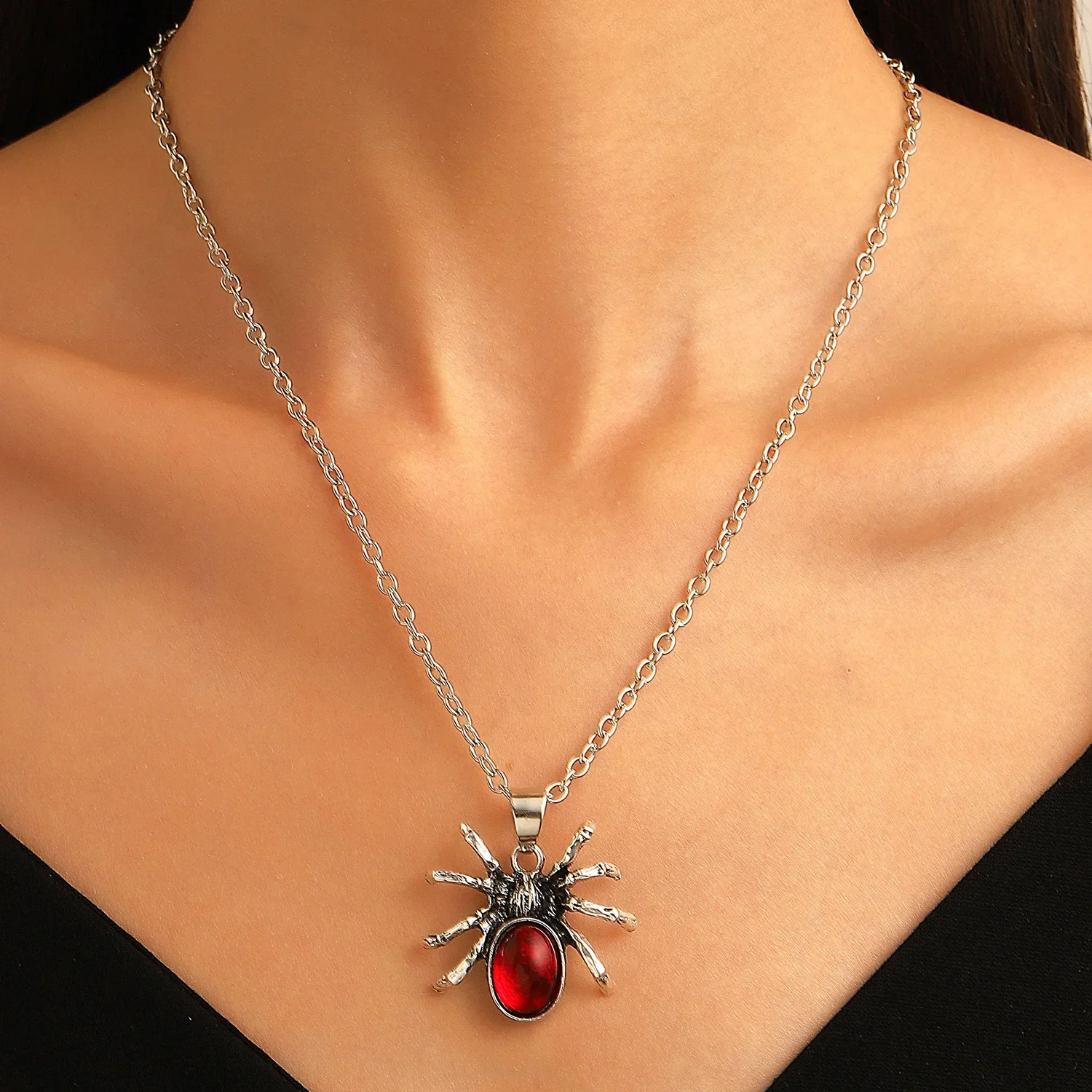 Gothic Dark Spider Necklace for Women Man Punk Ruby Wizard Witch Animal Pendant Collar Horror Halloween Gift Accessories Choker