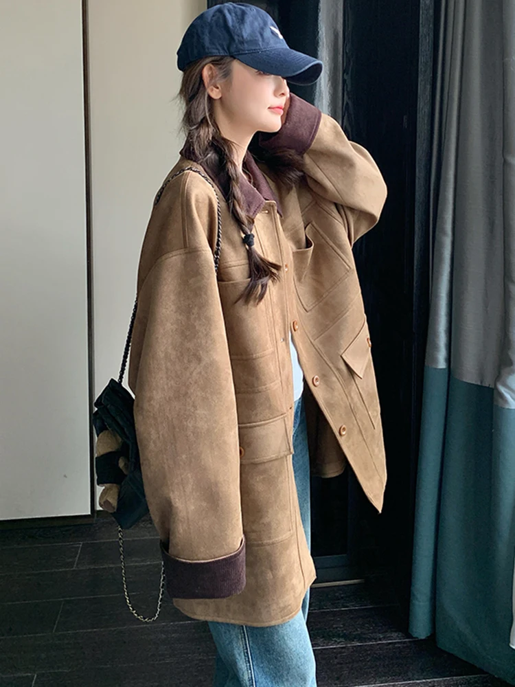 LANMREM High-end Khaki Coat Women's Lapel Single Breasted Color Block Multi Pocket Design Jackets 2024 Autumn New 2Z3068