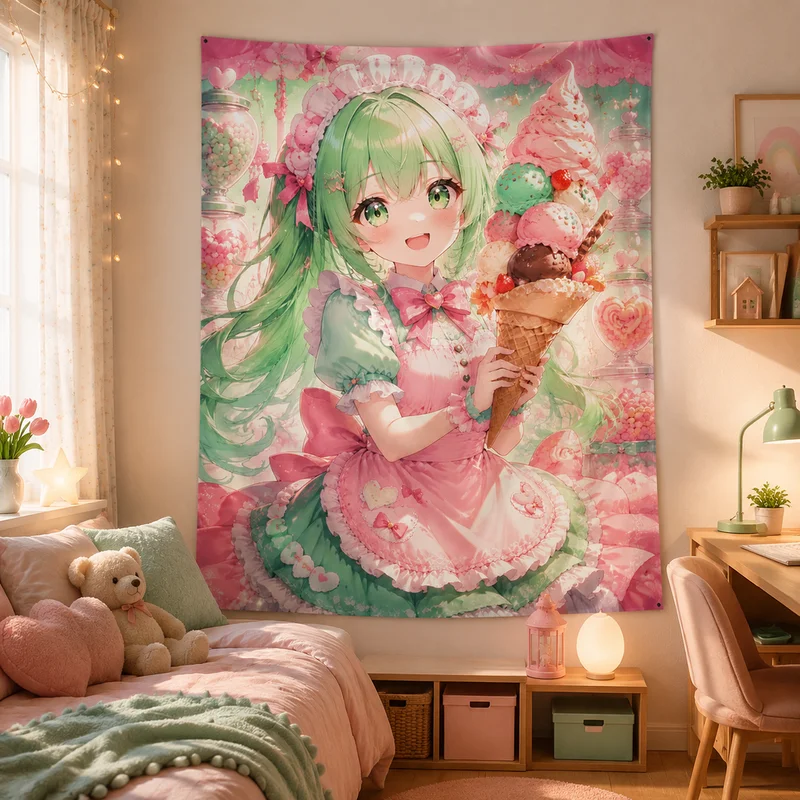Vikama Kawaii Anime Tapestry Sweet Aesthetic Vikama Sweet Candy Land Anime Tapestry Soft Wall Hanging With Pink-Haired Maid