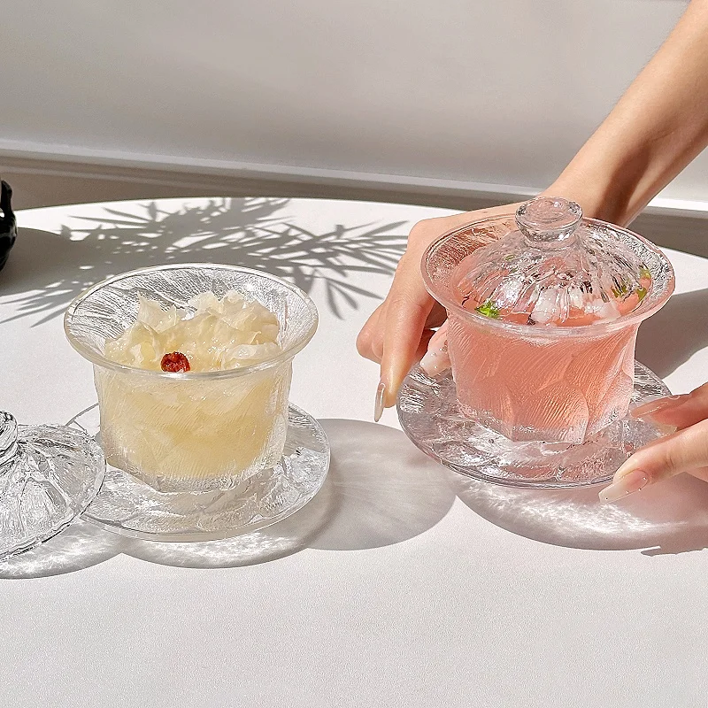 Black Ice Bird's Nest Cup with Cover Glass Bowl Chinese Dessert Sugar Water Bowl Set Transparent Household Exquisite Tableware