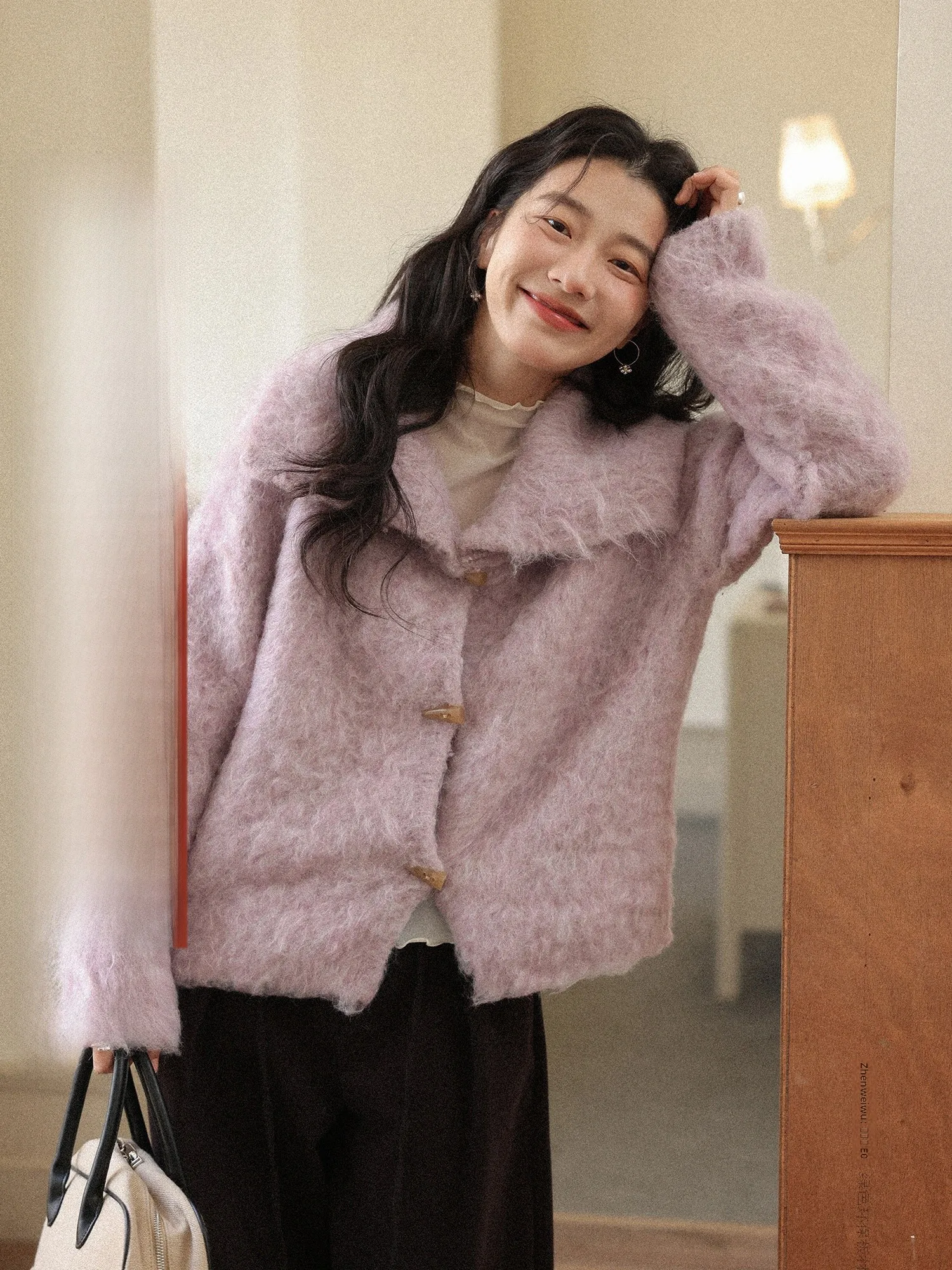 

Women's Thiened Winter Sweater Coat Purple Turn-down Collar Knitted Long Sve Casual Sle Online Exclusive Faion