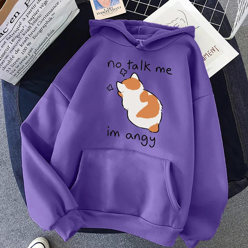 Cute Angry Cat Print Women Hoody Hip Hop Soft Sweatshirt Casual Fleece Sweatshirt Oversize Fleece Women Streetwear No Talk Me