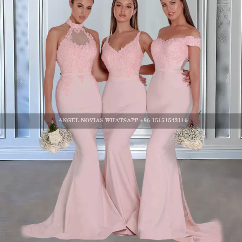 

Customized Long Mermaid Pink Bridesmaid Dresses with Appliques Off the Shoulder Long Maid Of Honor Wedding Party Gowns