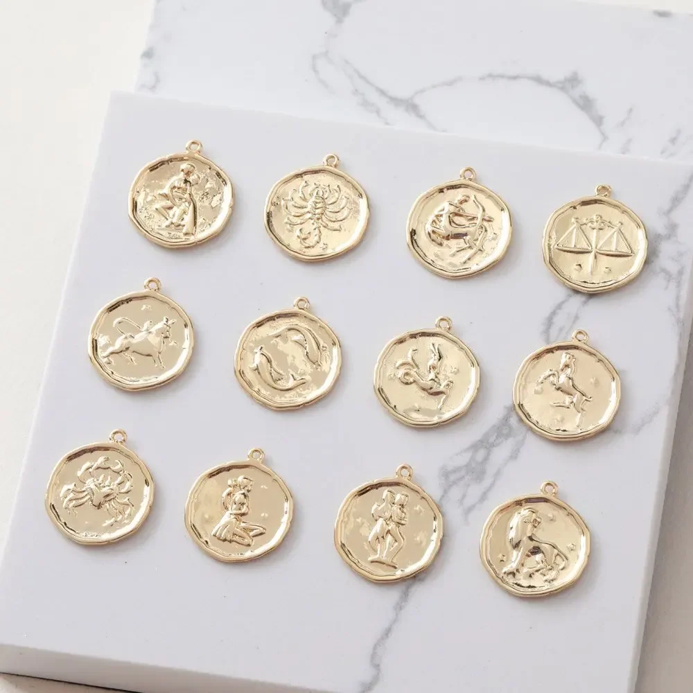 

2PCS 14k Gold Filled Constellation Necklace Lucky Pendant Disk Medallion for Jewelry Making Tag/Coin DIY Brass Accessories 17mm