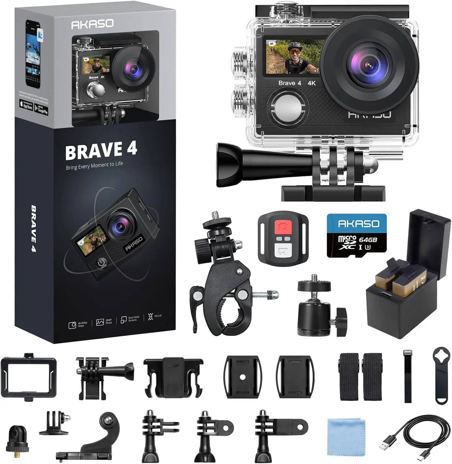 

Brave 4K Action Camera with 64GB U3 MicroSD, 20MP Ultra HD, Waterproof, EIS, WiFi, Remote, 5X Zoom, Bicycle Helmet Kit