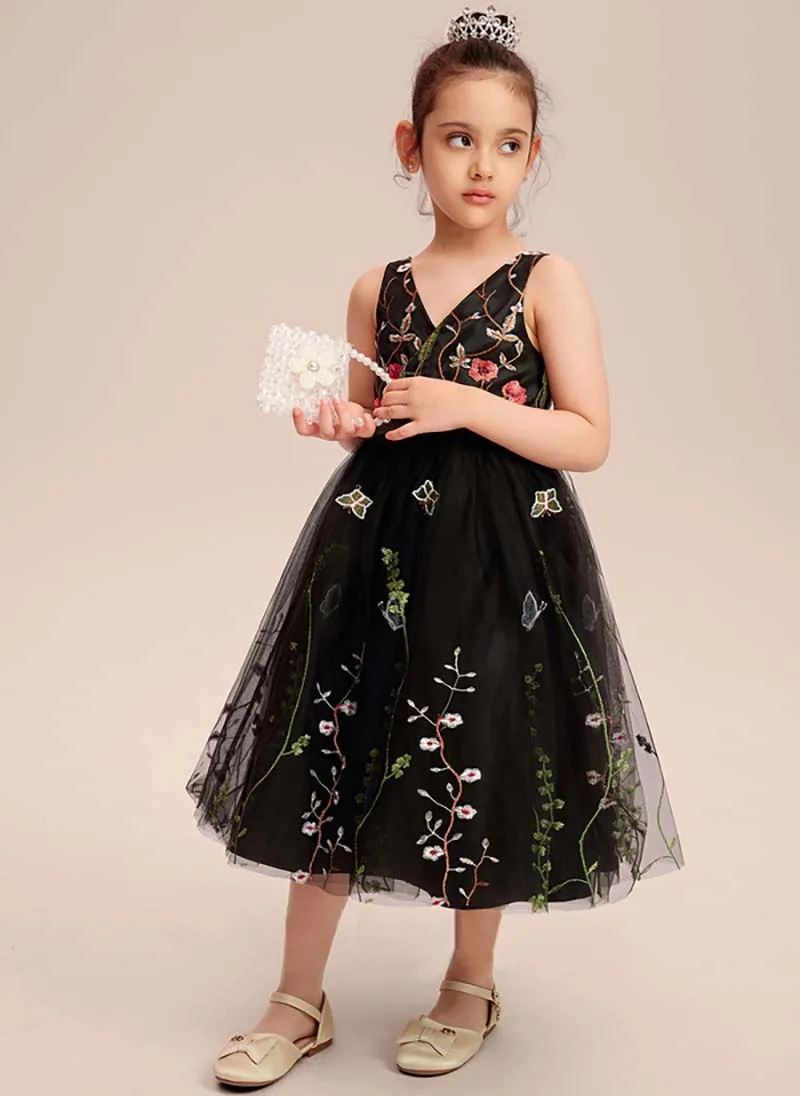 A-line V-Neck Tea-Length Embroidered Tulle Tutu Open Back Wedding Toddler Girl Dress First Communion Gown Birthday Party bow