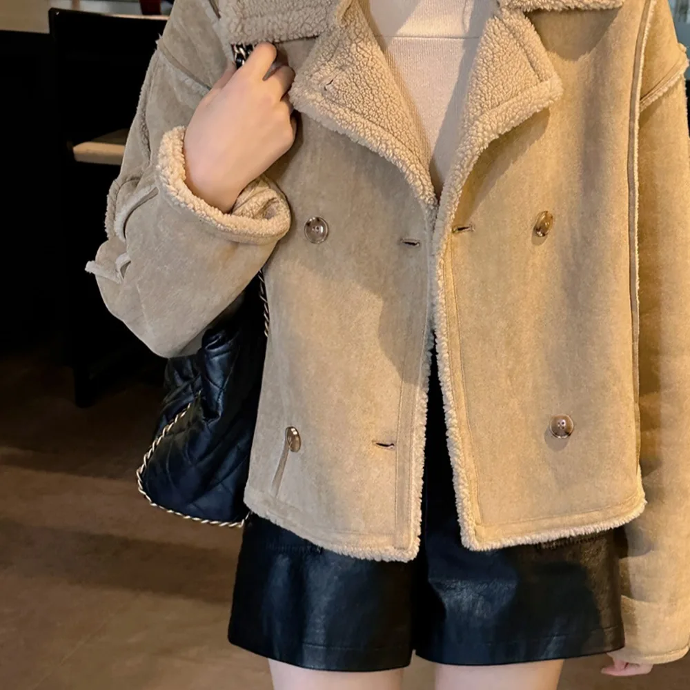 Korean Style Chic Long Sleeve Double Breasted Pure Color Suede Jacket Autumn Winter Fashionable Versatile Suit Collar Outerwear