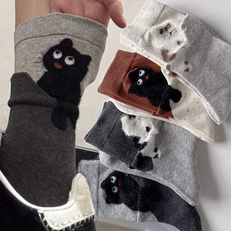 

1/4Pairs Cartoon Cat-Print Flocking Socks for Women Velvet-flocked Animal Mid-tube Stocking Autumn Winter Warm Flocking Cat Sock