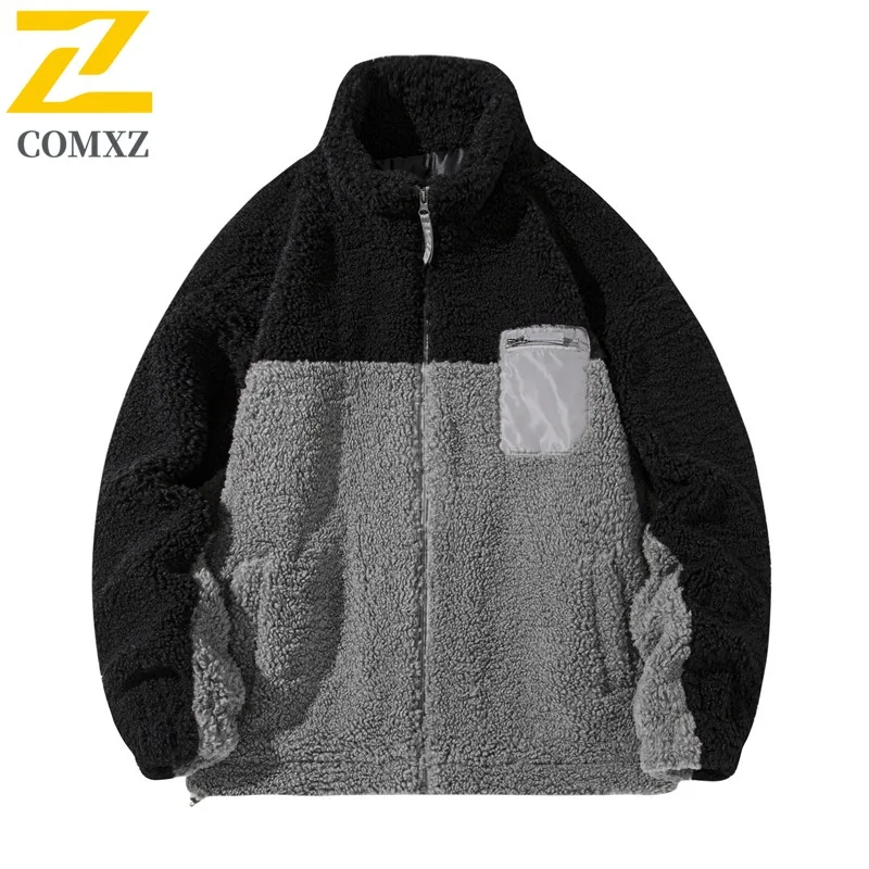 

COMXZ 2025, мужская куртка с капюшоном на подкладке из шерпа в корейском стиле, зимнее пальто на флисовой подкладке, толстое теплое плюшевое хлопковое пальто большого размера