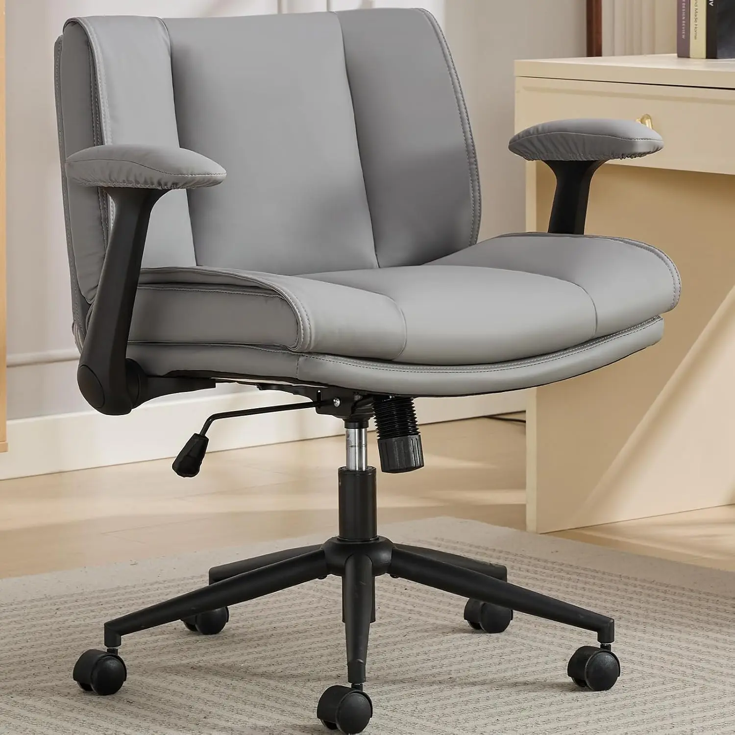 

Criss Cross Flip Up Armrests Leather Office Chair Swivel Wide Seat Home Office Vanity Adjustable Grey, Customized