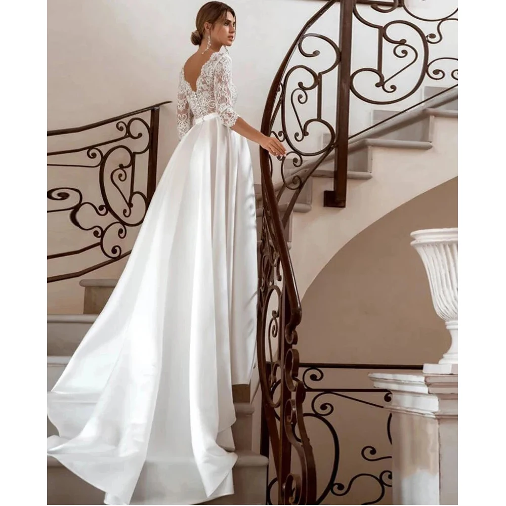 Vestido de novia elegante con escote en V profundo para mujer, apliques de encaje, línea A, vestido de novia de manga larga, vestido de novia de cola de barrido personalizado