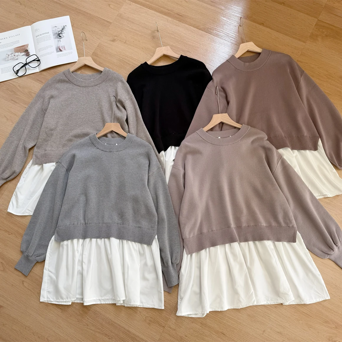 

Sweet Sle Spliced Loose Slimming Knitted Sweater Fake Two-Piece Comfortable Fit round Ne Long Sve Autumn Warm Faion