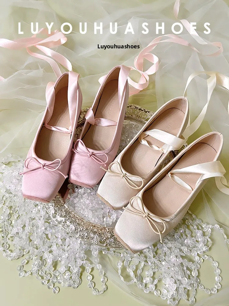 

Genuine Leather Ballet Flat Shoes Women's Mary Jane Cross Strap Knot Fairy Style Semi-Up Open Toe Medium Heel