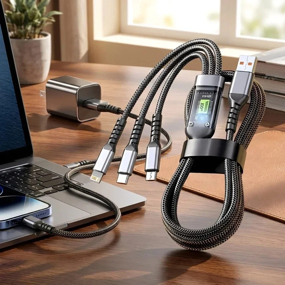 

100W Fast Charging 3-in-1 Nylon Braided Charger Cable with Digital Display Multi USB Cord Type-C Micro Universal Adapter for Pho