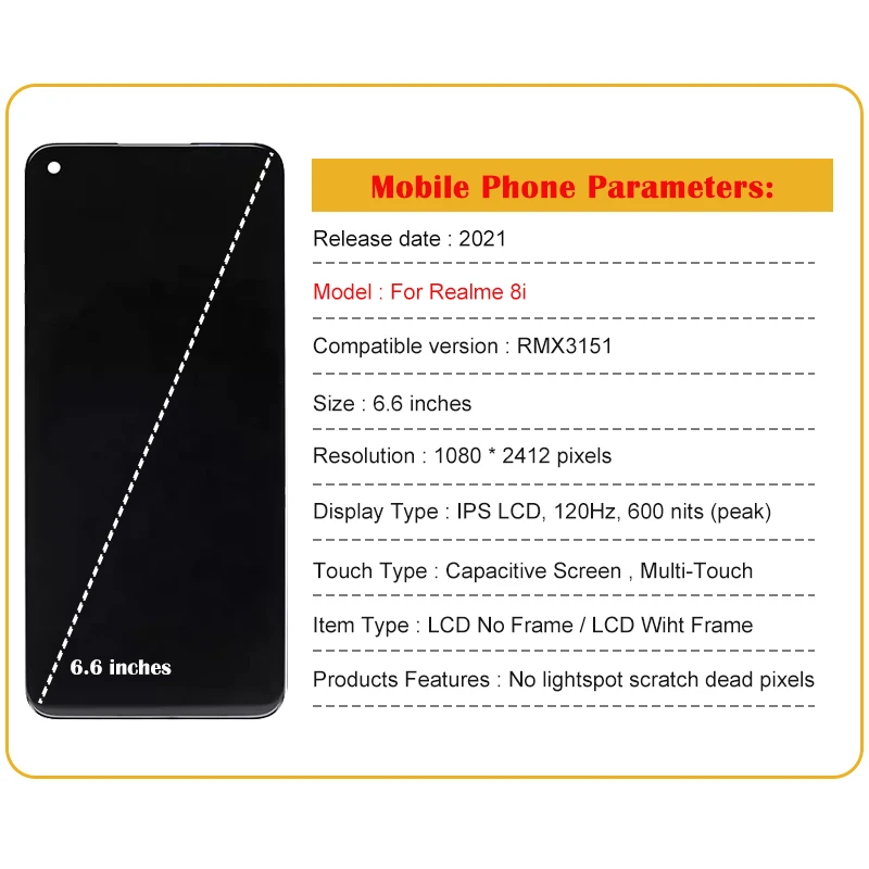 6.6" Original For OPPO Realme 8i RMX3151 LCD Display Touch Screen with Frame Panel Digitizer Assembly For Realme 8i LCD Screen