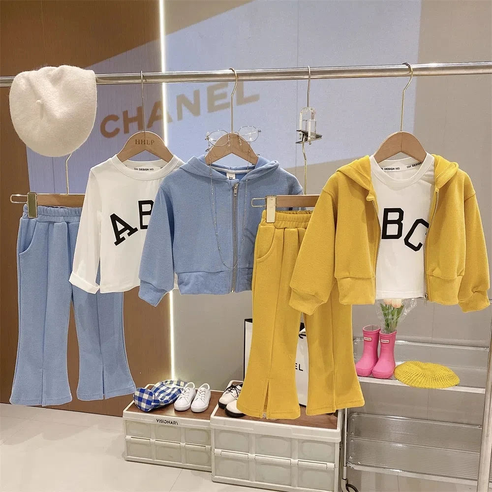 

Baby Girls' Suit 2023 Spring New Children's Hooded Coat+Bottom Shirt+Casual Flared Trousers Korean Fashion Kids Girls Outfits