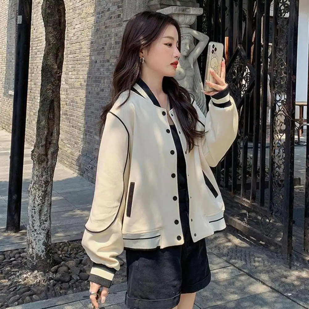 Chaqueta de manga larga con bolsillos para mujer, abrigos de béisbol a juego de colores con estilo, chaqueta suave con cuello alto, bolsillos elásticos para la cadera