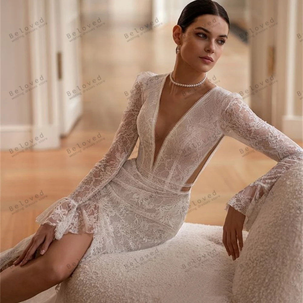 Vestidos De Novia sexys, Vestidos De Novia elegantes, Apliques De encaje, batas con cuello en V profundo, mangas completas, Vestidos De Novia De sirena personalizados