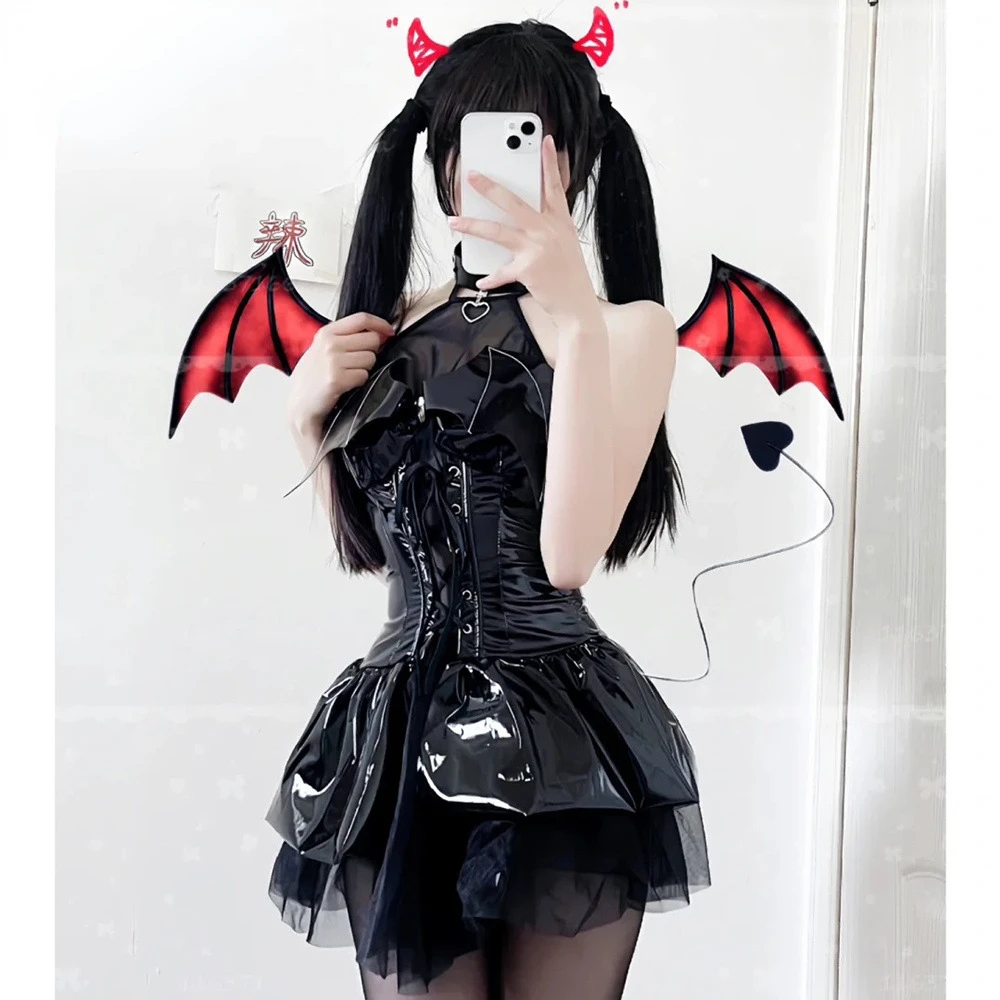 Vestido de couro com renda para meninas, gótico, punk, bruxa, taco, demônio, malha preta, cosplay do diabo Lolita, fantasias de Halloween, carnaval