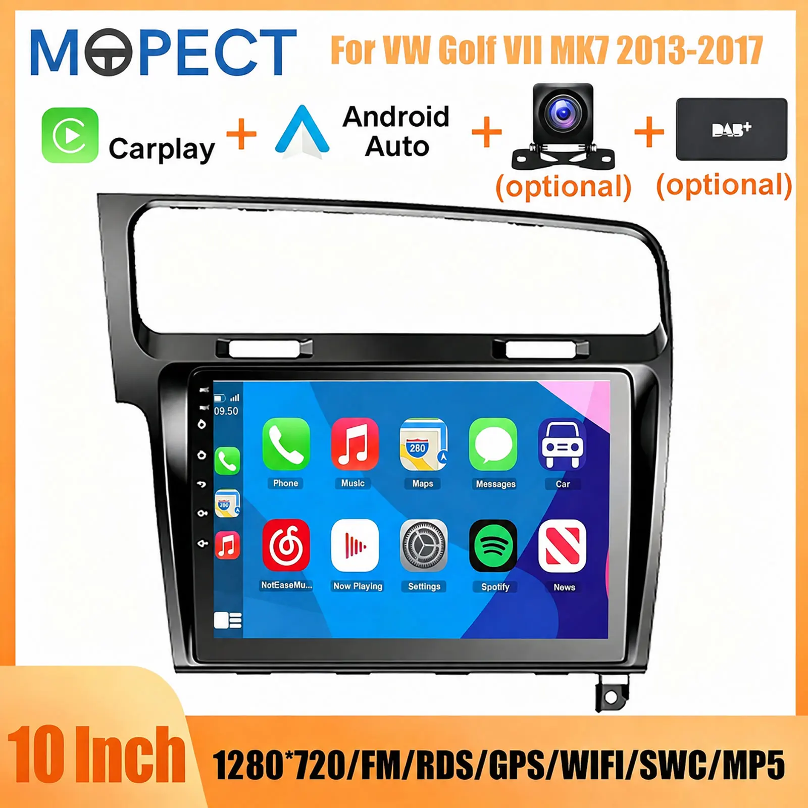 MOPECT 10 Zoll Android 15/16 6+128G Autoradio Multimedia-Player für Volkswagen VW Golf VII MK7 2013-2017 Drahtloses Android Auto Mirror Link Autoradio WiFi GPS NAVI BT FM SWC RDS