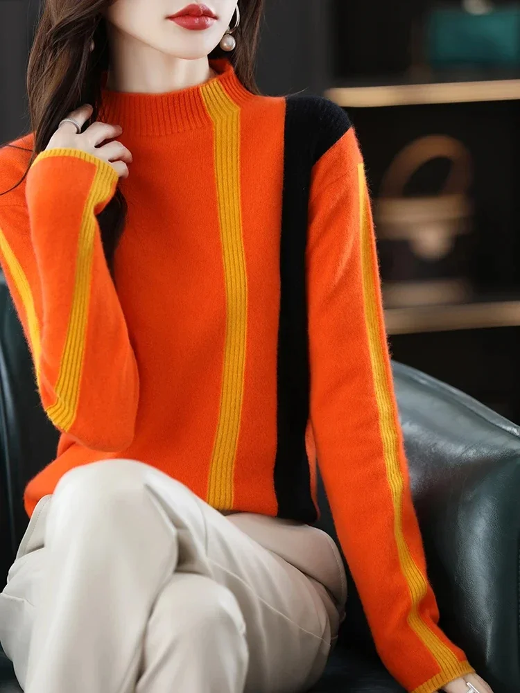 2024 Autumn And Winter New Women's Half Turtleneck Vertical Stripes Colorblock Knitted Pullover 100% Merino Wool Sweater Casual