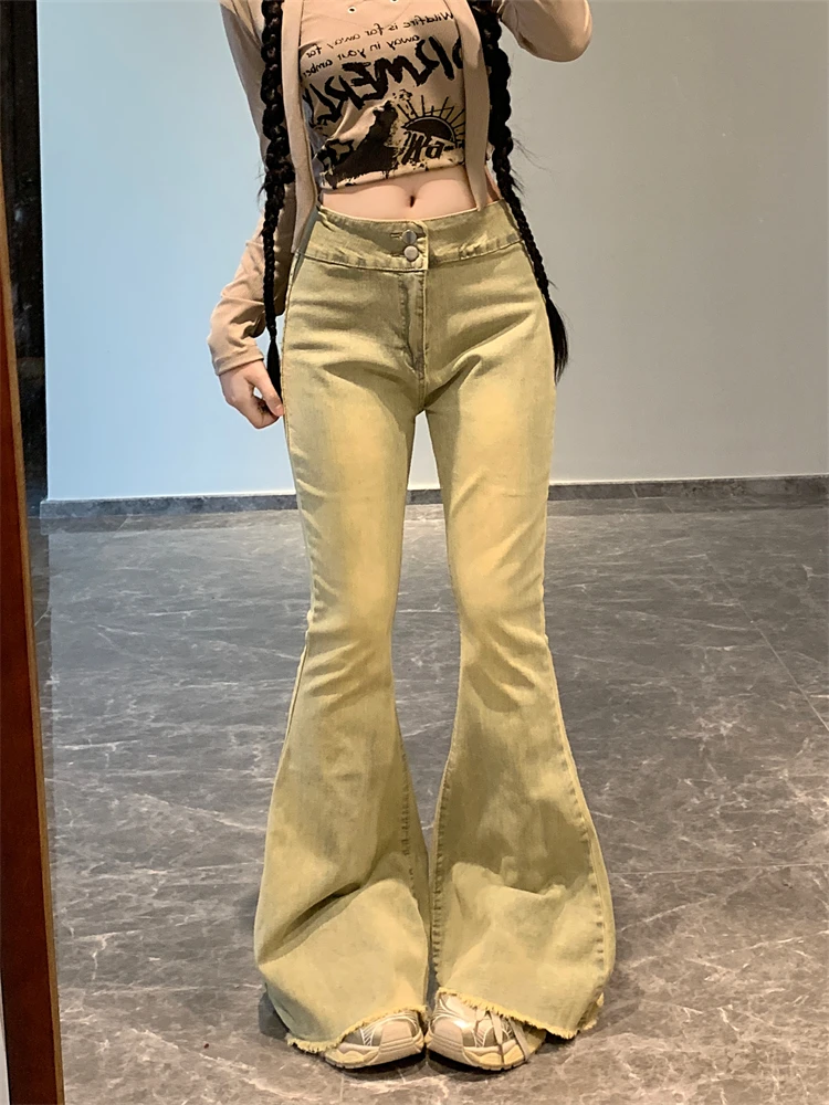 Women's Fish Tail Edge Design Slim Flared Pants Cool Girl High Waisted Streetwear Fashion Pants Female Vintage Denim Trouser