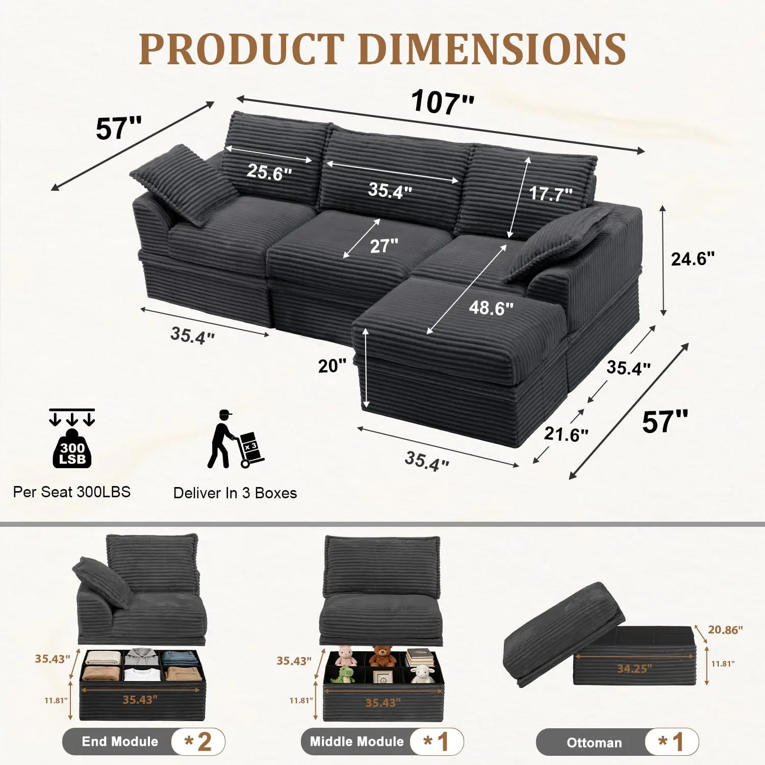 Extra Deep Modular Sectional Sofa with Storage Ottoman, Tool-Free Assembly L-Shape Couch for Living Room, Dark Grey, Customized