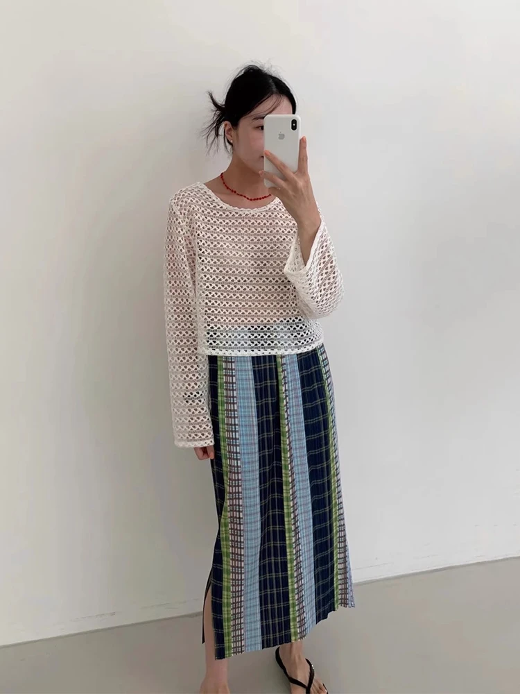 ZHISILAO Vintage Plaid Long Straight Skirts Women Summer 2025 Chic Lattice Boho Beach Wear Skirts Holiday