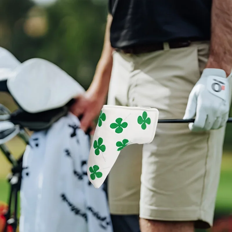 1 Piece PU Leather Clover Embroidered Golf Putter Head Cover with Hook and Loop Closure