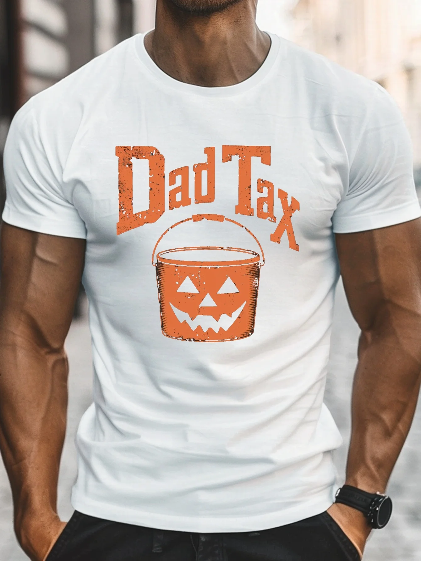 Men's Funny 'DAD TAX' Halloween T-Shirt - White  Orange Pumpkin Bucket Print with Dripping Letters, Casual Crew Neck Short Sleeve Tee for Dad Gifts, Costume Parties  Casual Attire (Regular Fit)