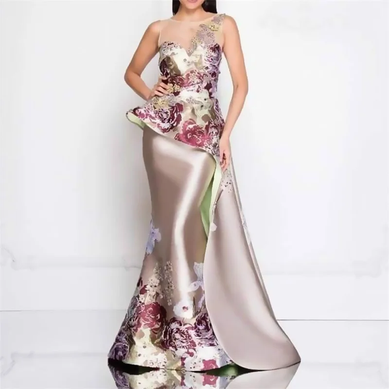 

Embroidered Flowers O-Neck Women's Evening Dress Sleeveless Sheath Slim Bandage Gown Elegant Backless Middle Waist Party Skirt
