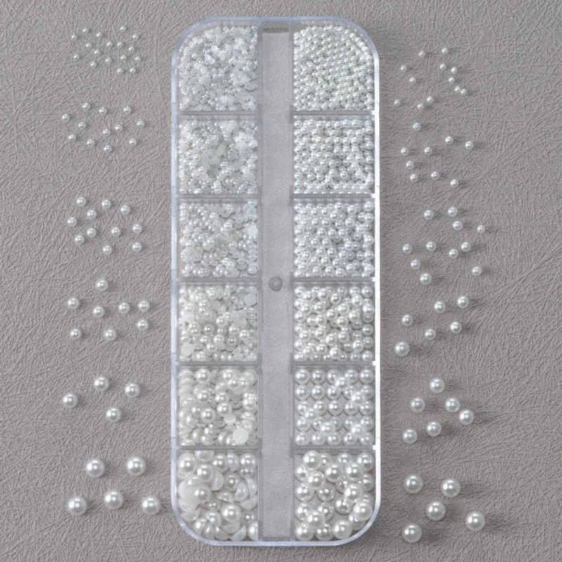 12 شبكات ثلاثية الأبعاد مختلط الأبيض اللؤلؤ مسمار السحر 0.15-0.5 مللي متر الجولة/نصف دائرة حبات اللؤلؤ مسمار الفن الراين DIY بها بنفسك مانيكير اكسسوارات