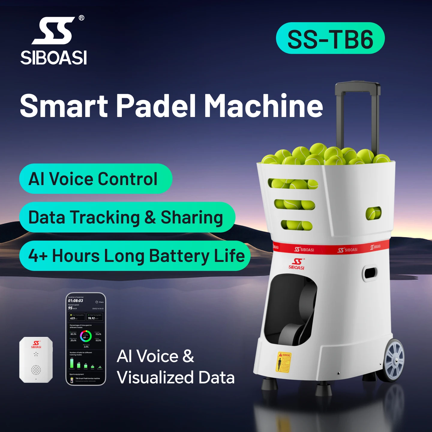 SIBOASI TB6 New Design Factory Wholesale Professional App Remote Control Padel Shooting Machine 20-120 Km/h Ball Speed Training