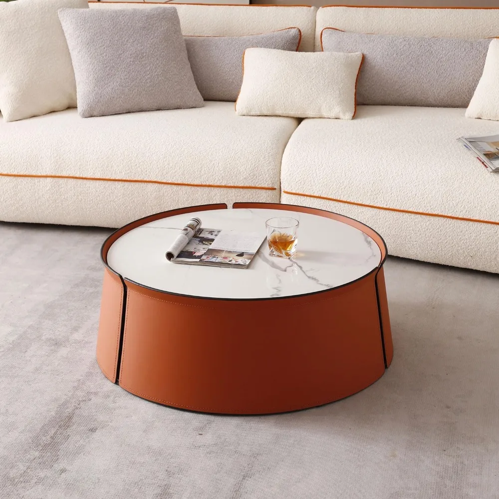 

Coffee Table, Faux Marble & Orange, Modern Coffee Table for Living Room Mid Century Round Coffee Table for Living Roo