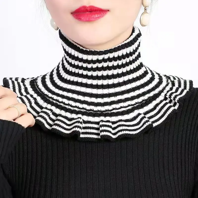 Winter Stripe Pullover Collar Knit Wool Neck Protector for Women Warm Scarf Elastic Fake Collar Knitted Neck Cover  Neck Guard