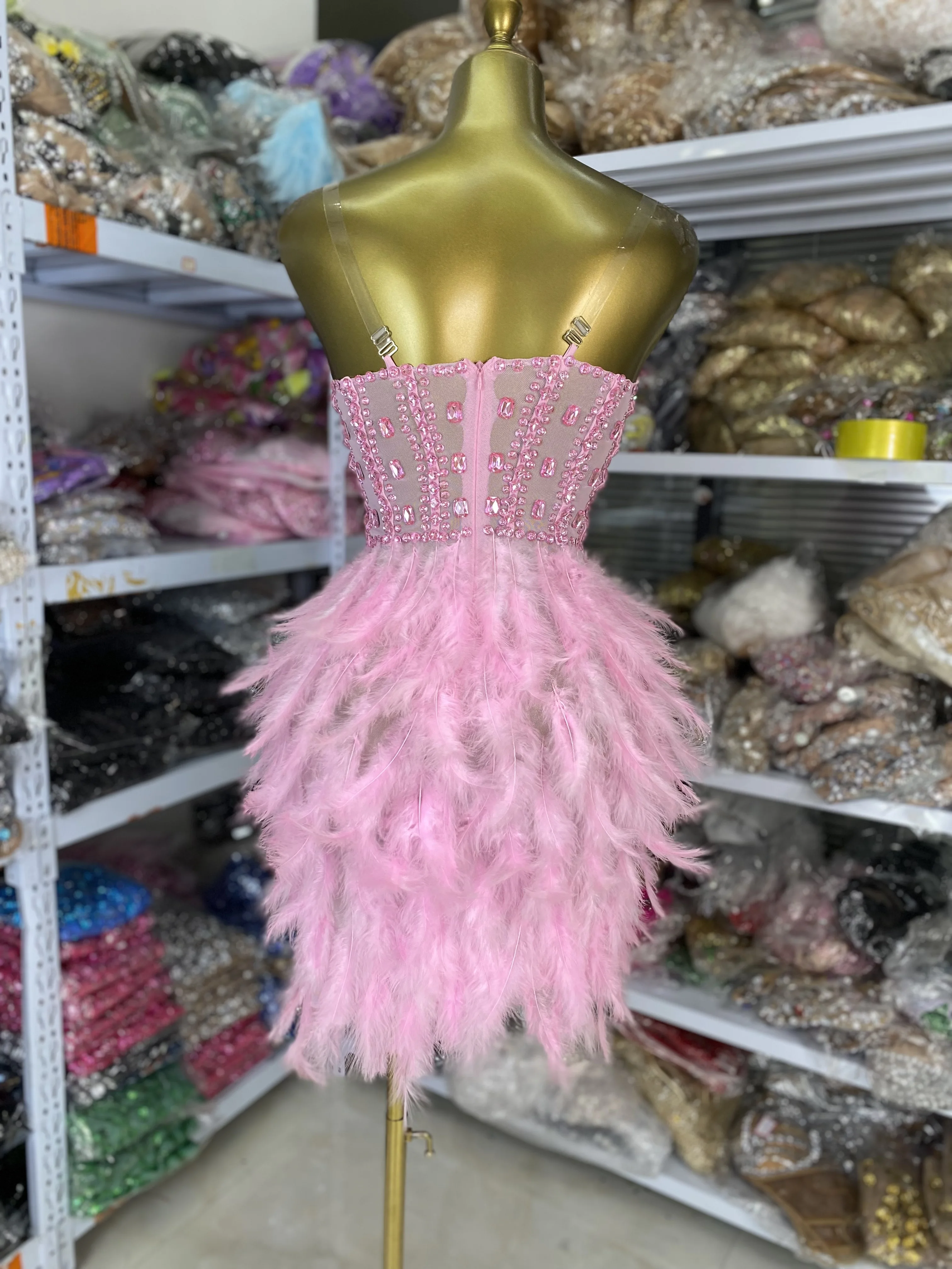 Roze Strass Bustier Corset Veren Mesh Bodycon Mini Jurk Vrouwen Verjaardag Avond Club Feestjurk Prestaties Kostuums