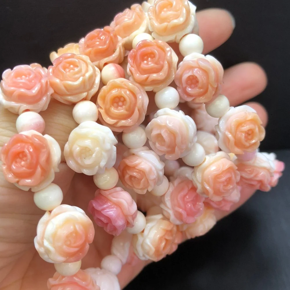 Natural Shell Stone Rose Flower Bead Bracelet Crystal Healing Fengshui Stone Fashion Gemstone Women Jewelry Gift 1pcs 13MM