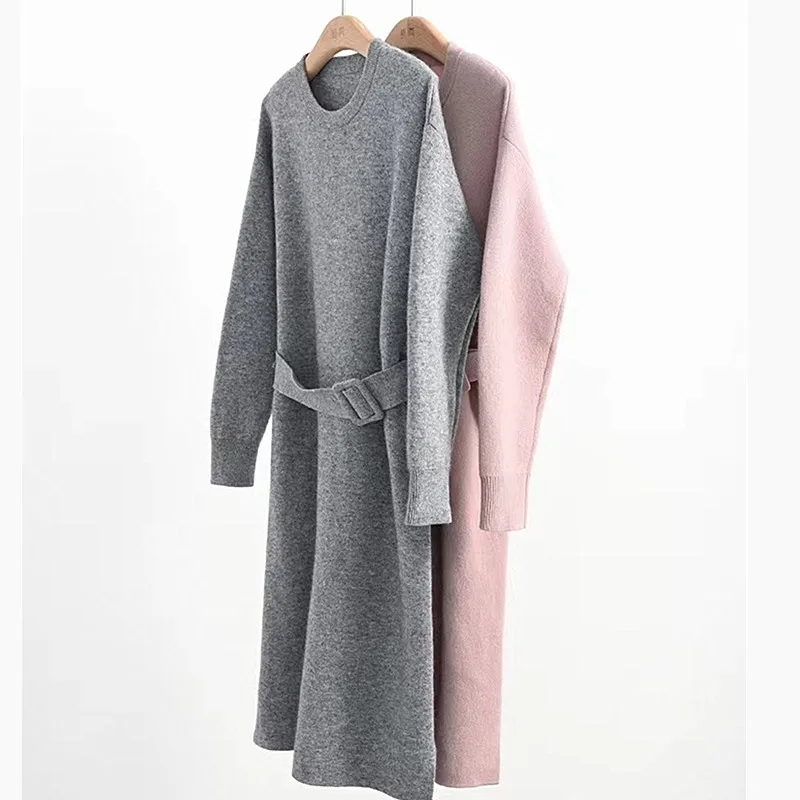 

Fashion Winter Clothes Woman New Elegant Ladies Pullover Sweater Outerwear Spring Autumn Woolen Dress Women's Jumper With Belt