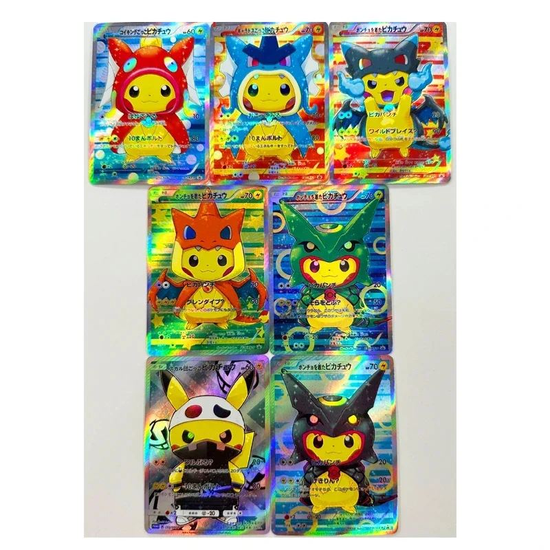 7 buah/set Pokemon Jepang Pikachu Cosplay Charizard Starlight bersinar refraksi permainan koleksi kartu hadiah mainan anak-anak