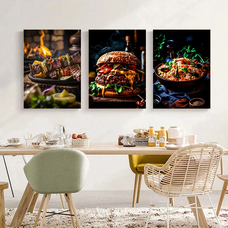 Food Delicious Burger BBQ Salmon Steak French Fries Poster Print Wall Art Pictures Canvas Painting Room kitchen Home Decor Gift