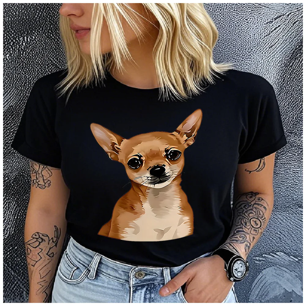 Cotton 100% Cute Brown Chihuahua Dog Graphic T Shirt Women Casual Realistic Puppy Print Short Sleeve Tee Gift For Chihuahua Pet